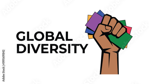 Global diversity concept with raised fist holding colorful cards, symbol of inclusion equality and multi ethnic human rights empowerment on white background