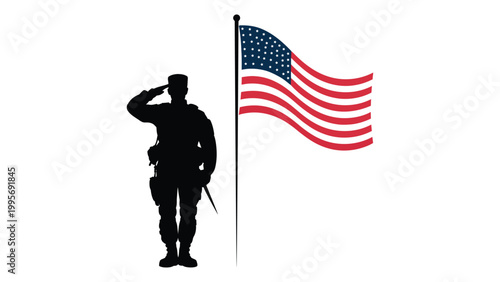 Soldier silhouette saluting American flag on white background, patriotic US military veteran honoring United States national symbol for Memorial Day or Veterans Day