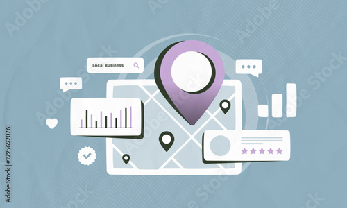 Local business marketing with map visibility and customer reviews in digital interface. Local SEO workflow with business listing and performance tracking process vector illustration