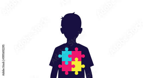 Autism Awareness A Silhouette of a Child's Torso with Colorful Puzzle Pieces Representing Neurodiversity