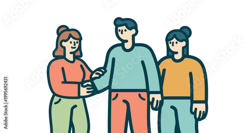 Joyful vector illustration depicting three diverse friends interacting, symbolizing community, mutual support, and strong social bonds