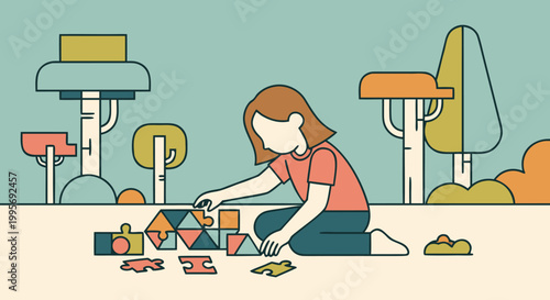 A child playing with colorful geometric blocks on a patterned floor, illustrating imagination and early childhood development