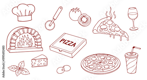 Hand-drawn illustration of delicious pizza, ingredients, and Italian food elements like a chef hat, oven, and wine glass