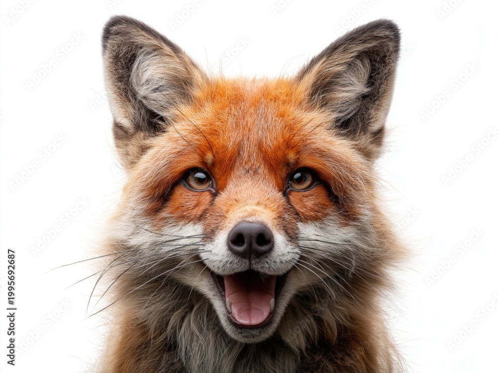 Fototapeta premium Happy red fox close-up with open mouth on white background
