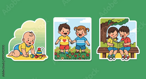 Adorable children enjoying playtime and reading books in a colorful illustration.