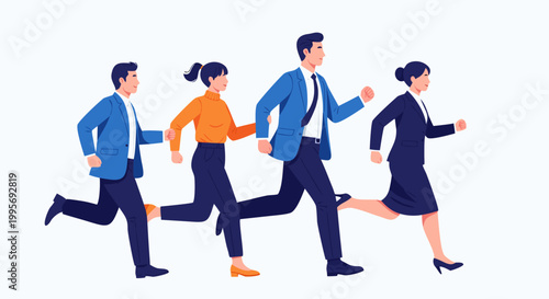 Group of diverse business professionals in formal attire running together, showcasing teamwork and forward momentum