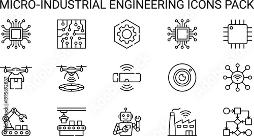 Micro industrial engineering icons pack featuring drones, robots, and smart factory technology elements