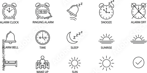 Collection of simple line art icons representing time management and morning routines alarm clock ringing