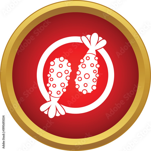 Shrimp tempura pieces within a circle on a red background, symbolizing asian food