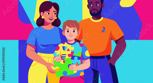 A Diverse Family Embraces Autism Awareness and Acceptance with a Puzzle Piece Symbol