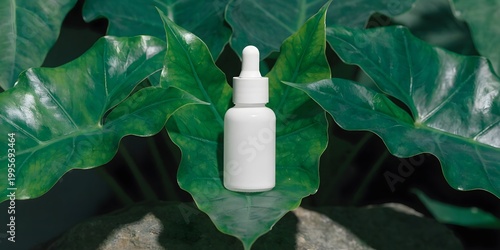 Minimal Dropper Bottle Mockup with Blank Label on Green Leaves Background for Natural Cosmetic Branding Presentation