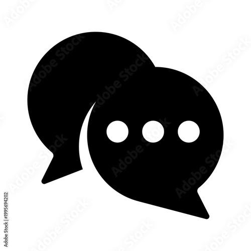 Black Solid Chat Bubble Icon with Three Dots and Overlapping Speech Balloon Flat Vector Communication Symbol on White Background