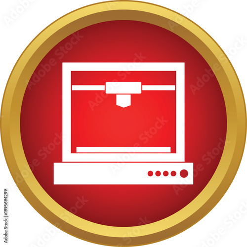 Red button showing a 3d printer icon, symbolizing additive manufacturing and prototyping