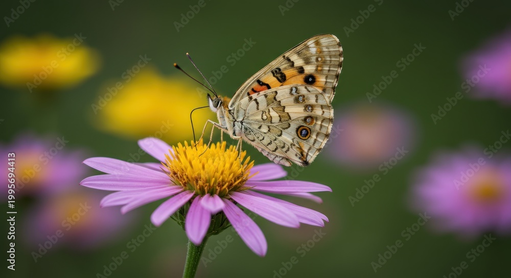 Fototapeta premium Butterfly perched on a purple flower with yellow center macro nature scene