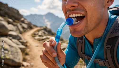 Close up of a male hiker drinking water from a hydration bladder system while trekking on a mountain trail outdoor adventure trekking and staying hydrated during physical summer activity gear