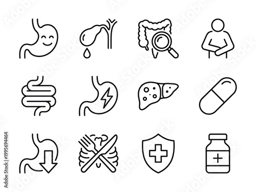 Human digestive system and healthcare icons line art intestines gallbladder digestion illustration collection medicine stomachache nutrition hospital treatment wellness research