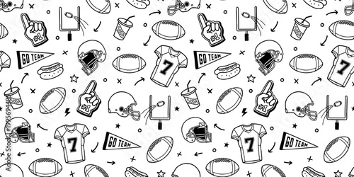 Seamless American football pattern with helmets, jerseys, balls, foam fingers, pennants, snacks, and game icons. Perfect for sports-themed designs, apparel, and prints.