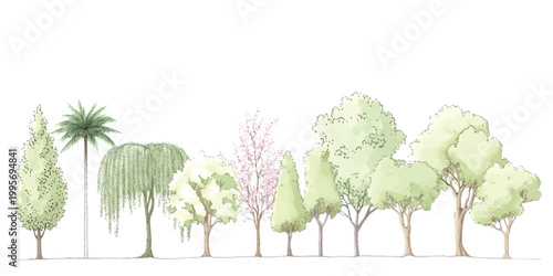 Set of various hand drawn architectural tree sketches for landscape design