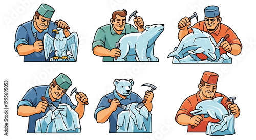 Artisans sculpting animals from ice blocks cartoon illustration