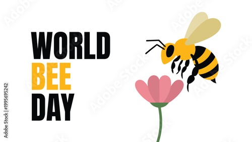 World Bee Day illustration with cute bee and flower nature pollination concept environmental awareness banner poster social media template eco friendly design