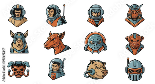 Astronauts and creatures vector set with retro style