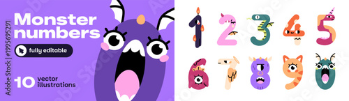 Monster numbers set. Cute design of kids font with figures with shape of characters. Funny candles with age for birthday cake- from one to zero. Flat isolated vector illustrations on white background