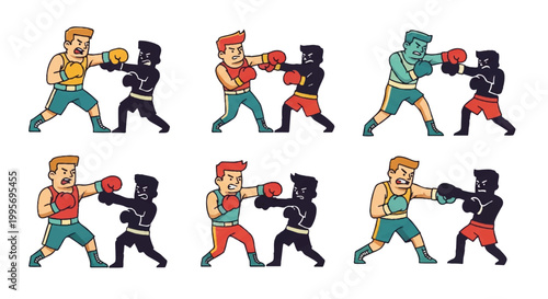 Boxers in action set of vector illustrations fighting sports concept