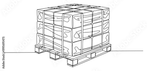 Continuous one line drawing of a wooden pallet with stacked sacks of construction material