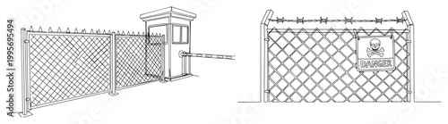 Continuous one line drawing of a security checkpoint with guard booth and danger sign fence