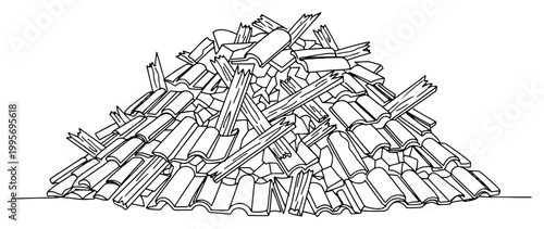 Single line art of a pile of construction debris and wood planks from a renovation project