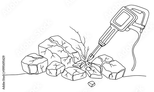 Continuous one line drawing of a jackhammer breaking concrete stones at a construction site