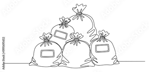 Continuous one line drawing of a pile of large heavy sacks for construction material storage