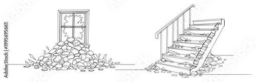 Continuous one line drawing of a dusty staircase and a pile of debris under a window for renovation themes