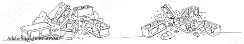 Continuous one line drawing of piles of broken concrete cinder blocks and rubble from demolition