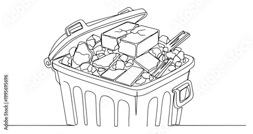 Continuous one line drawing of an overflowing trash bin filled with construction waste and debris