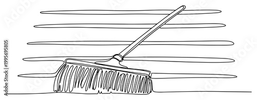 One line drawing of a push broom cleaning a floor surface during construction
