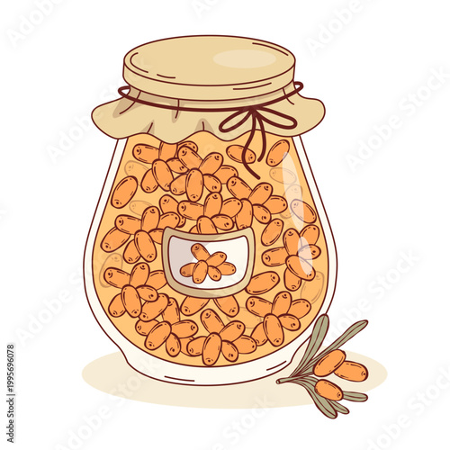 Sea Buckthorn Jam in Glass Jar. Homemade Orange Berry Preserves with Craft Paper Lid and Twine. Vector Illustration. Organic Fruit Marmalade. Vitamin Eco harvest