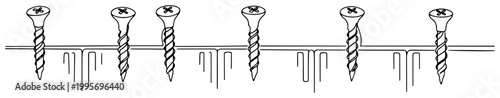 Continuous one line drawing of a row of metal screws being driven into a surface for construction