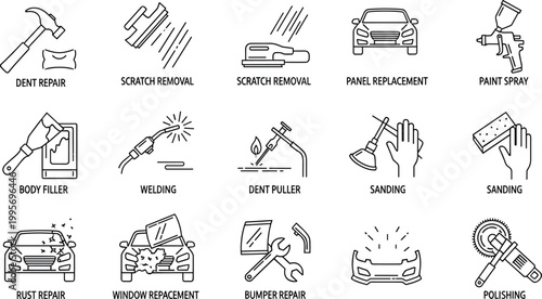 Set of line art icons for car repair and auto body work services dent repair scratch removal