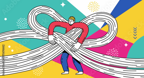 Abstract Illustration of Man Managing Complex Tangled Lines, Conceptual Representation of Problem Solving, Organization, and Data Management in Modern Business Style