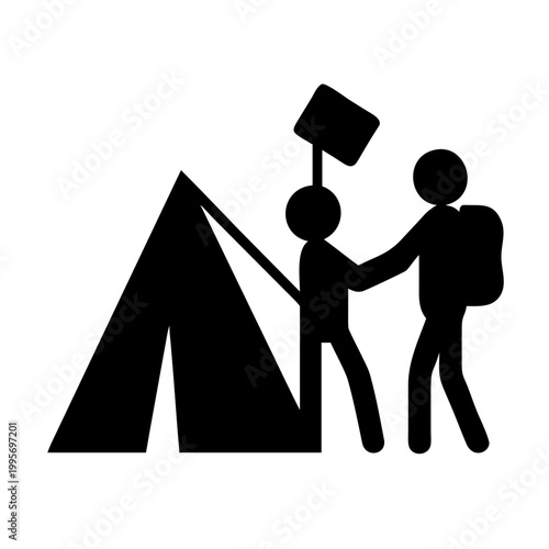 Camping icon with a tent and two people hiking with backpacks