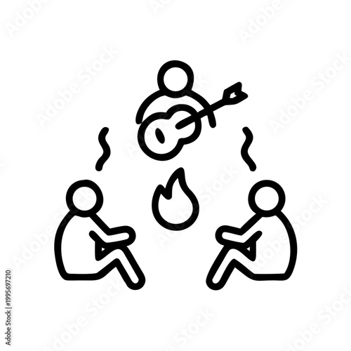 Icon of people sitting around a campfire with a person playing guitar
