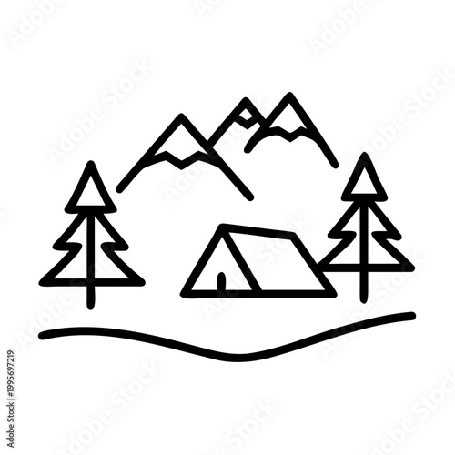 Camping icon with tent, pine trees and mountains in line art style