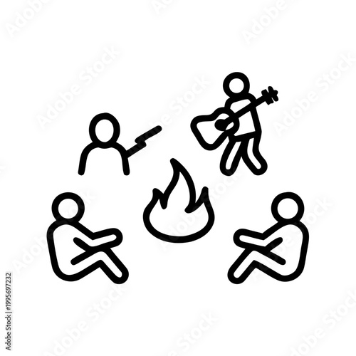 Group of people sitting around a campfire with a guitar player