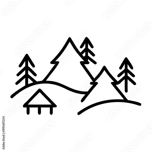 Simple line art illustration of a mountain landscape with pine trees