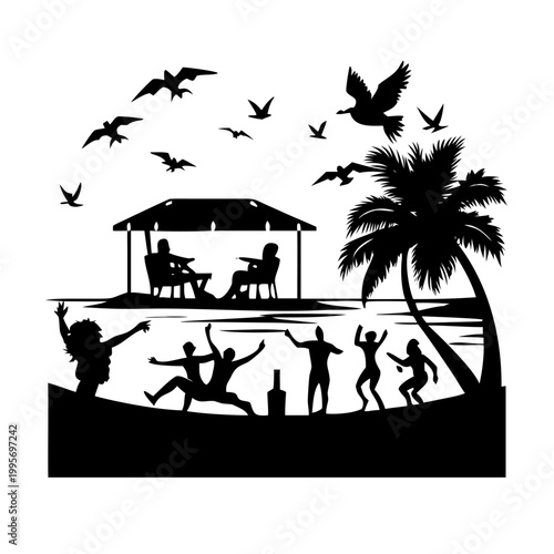 Silhouette of a beach party with people dancing and relaxing in a hut