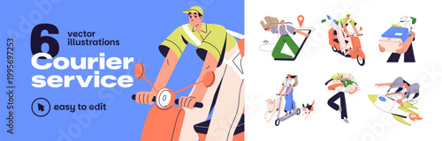 Delivery set. Courier service. People with moped, scooter deliver parcels and pizza. Characters carry boxes and post. Concept of logistic business. Flat isolated vector illustrations on white