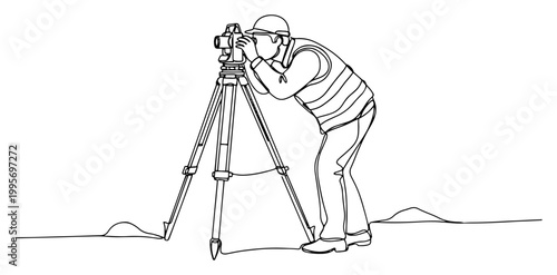 Continuous one line drawing of professional surveyor measuring land with theodolite on tripod
