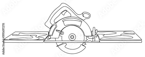 Continuous one line drawing of electric circular saw cutting through a wooden board for carpentry
