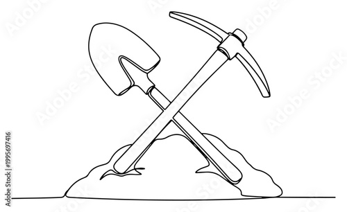 Continuous one line drawing of crossed shovel and pickaxe in a pile of dirt